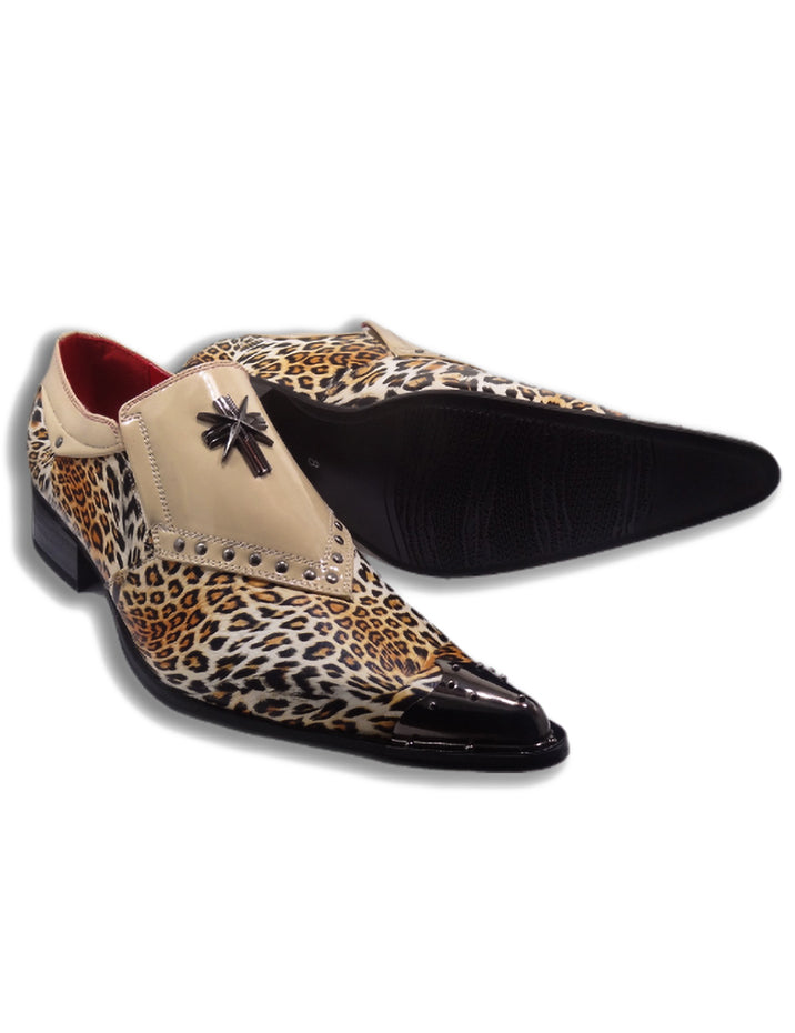 BEIGE PATENT LEOPARD PRINT LOAFER METAL TOE CAP