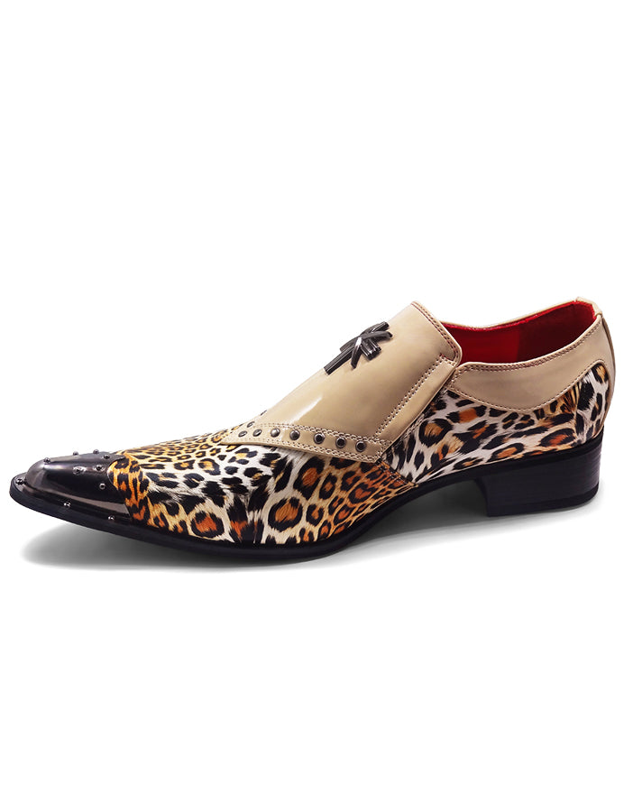 BEIGE PATENT LEOPARD PRINT LOAFER METAL TOE CAP