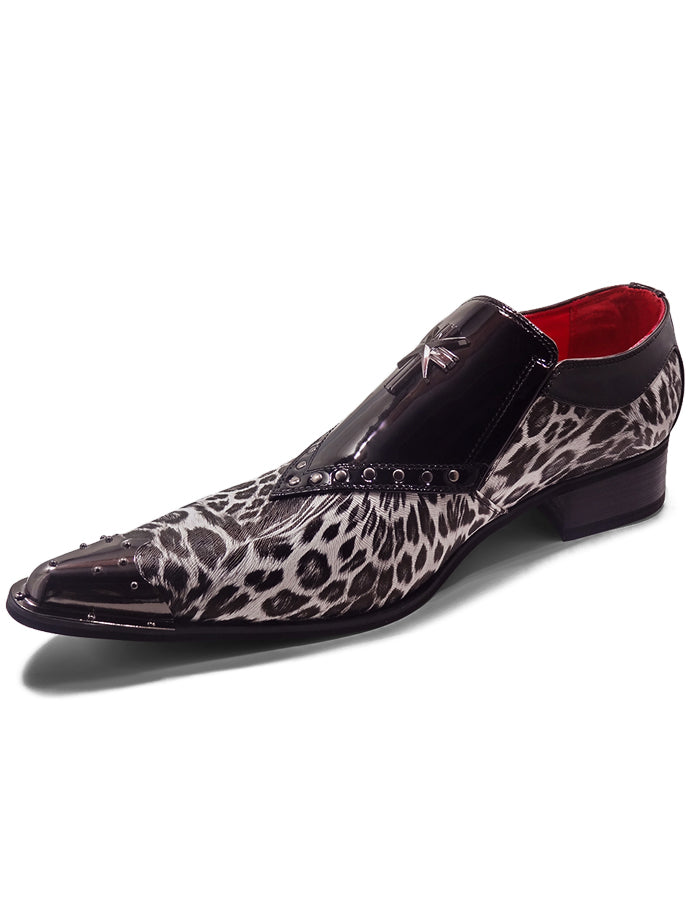 BLACK PATENT LEOPARD PRINT LOAFER METAL TOE CAP