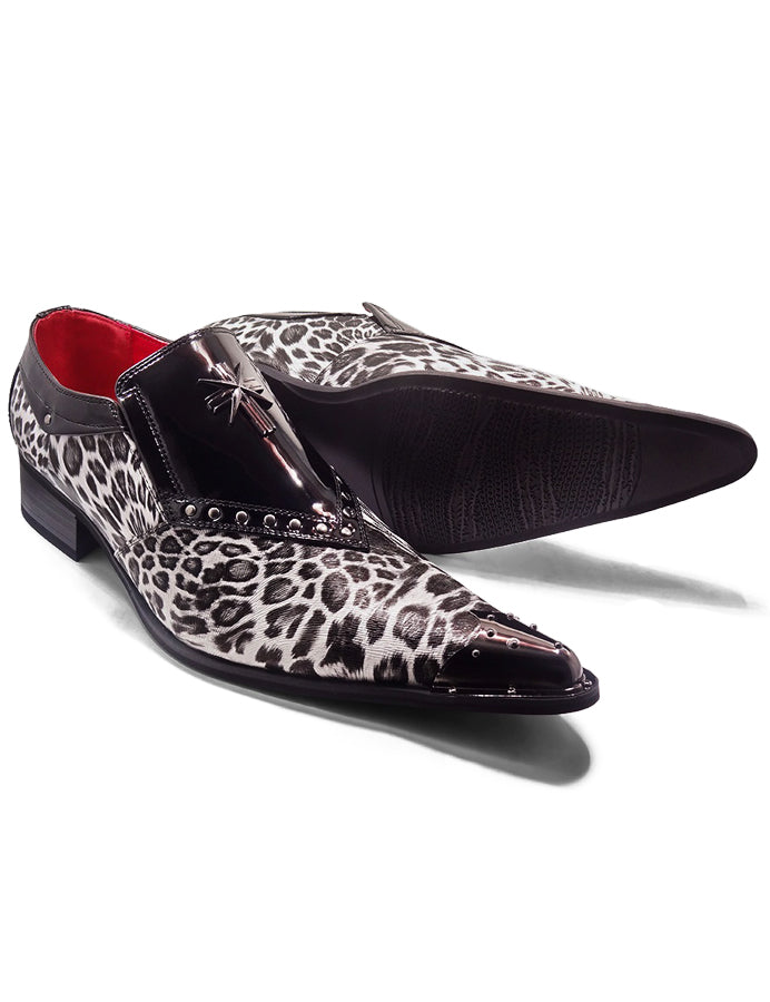 BLACK PATENT LEOPARD PRINT LOAFER METAL TOE CAP