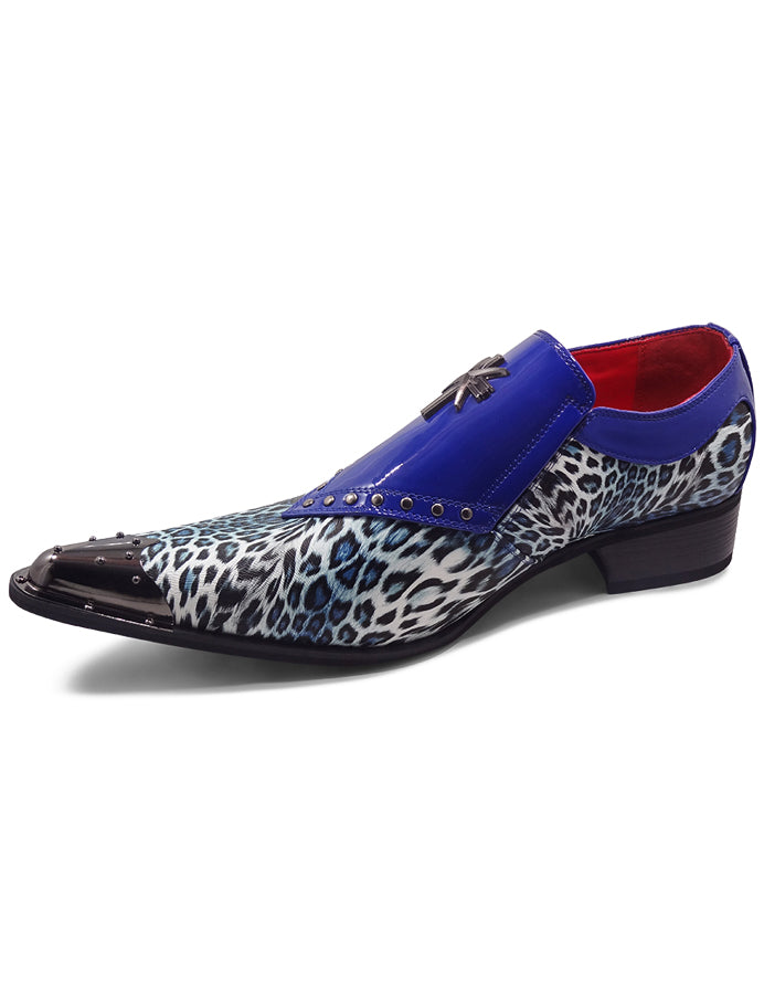 NAVY PATENT LEOPARD PRINT LOAFER METAL TOE CAP