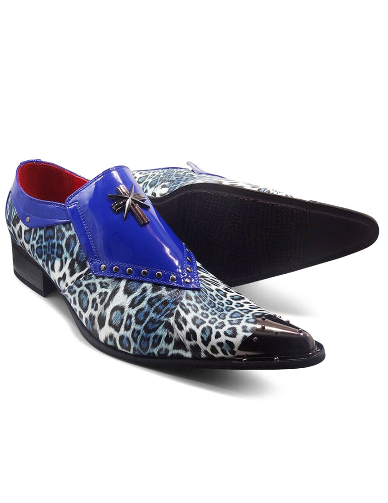 NAVY PATENT LEOPARD PRINT LOAFER METAL TOE CAP