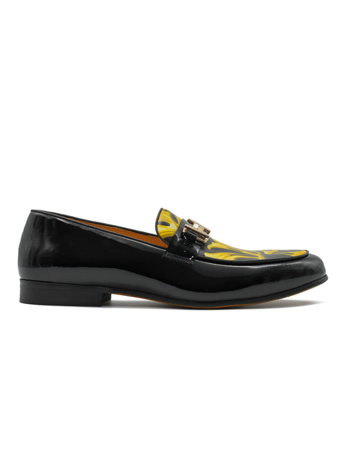 BLACK SHINY GOLD BUCKLE LEATHER LOAFERS