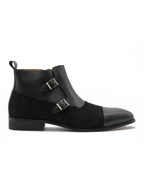 BLACK DOUBLE MONK  LEATHER & SUEDE CHELSEA BOOTS