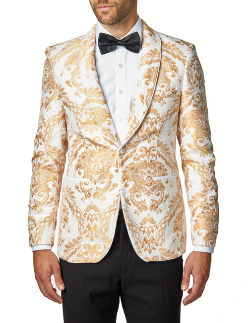 GLEN - Peach Paisley Brocade Print on Ivory Cream Jacquard Jacket