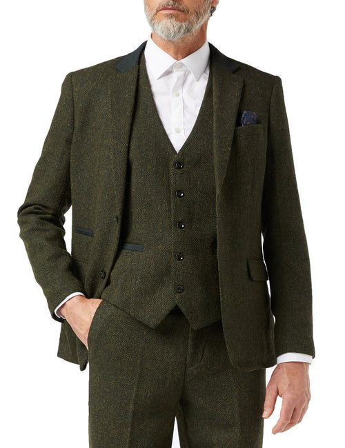 VESTE ET GILET DE COSTUME EN TWEED À CHEVRONS EDWARD OLIVE