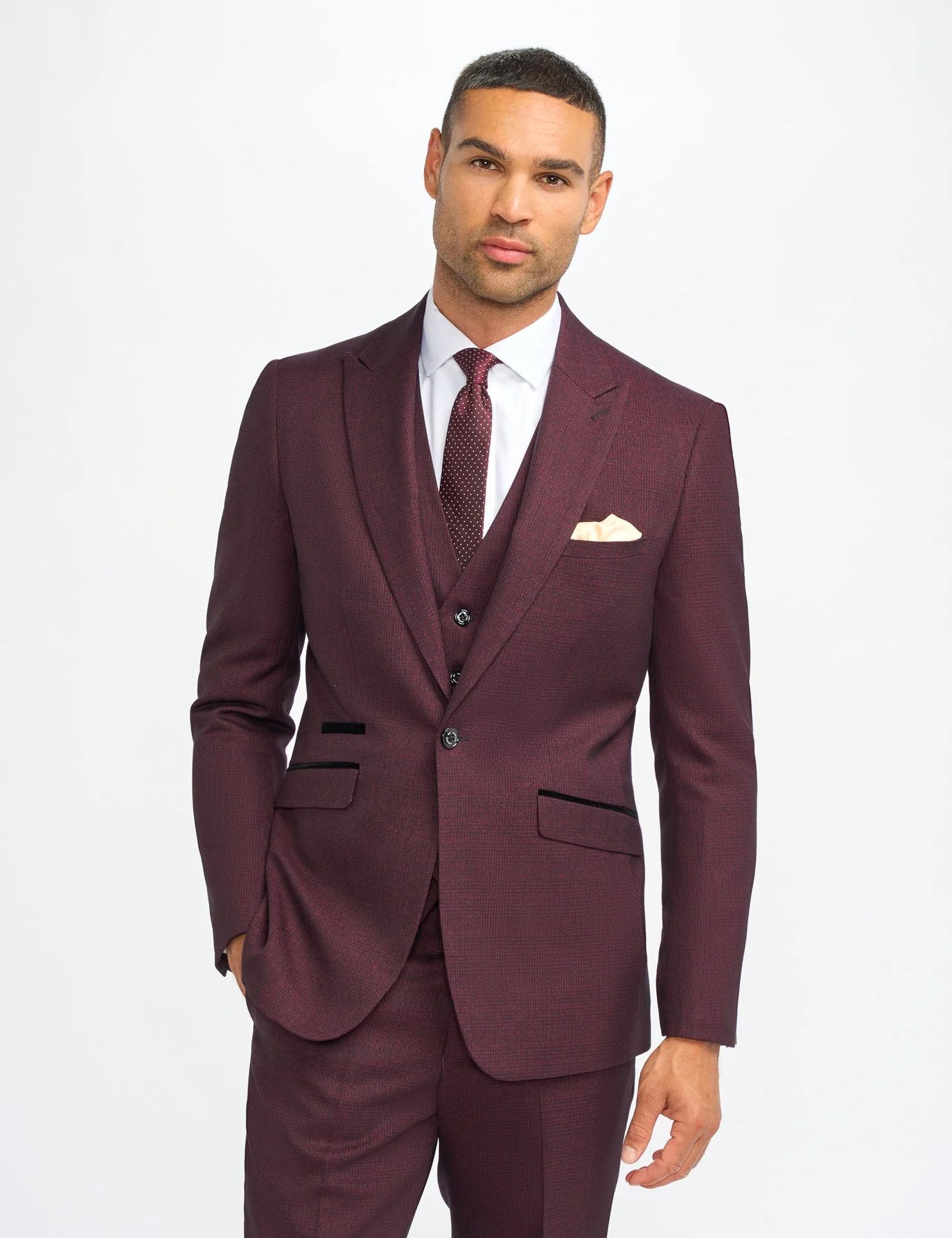 CARIDI MENS WINE 3 PIECE TAILORED CHECK SUIT