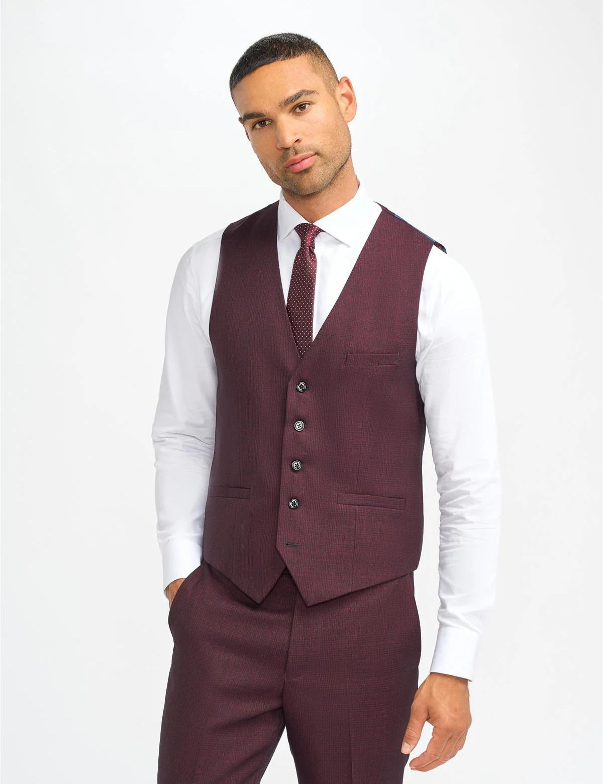 CARIDI MENS WINE 3 PIECE TAILORED CHECK SUIT