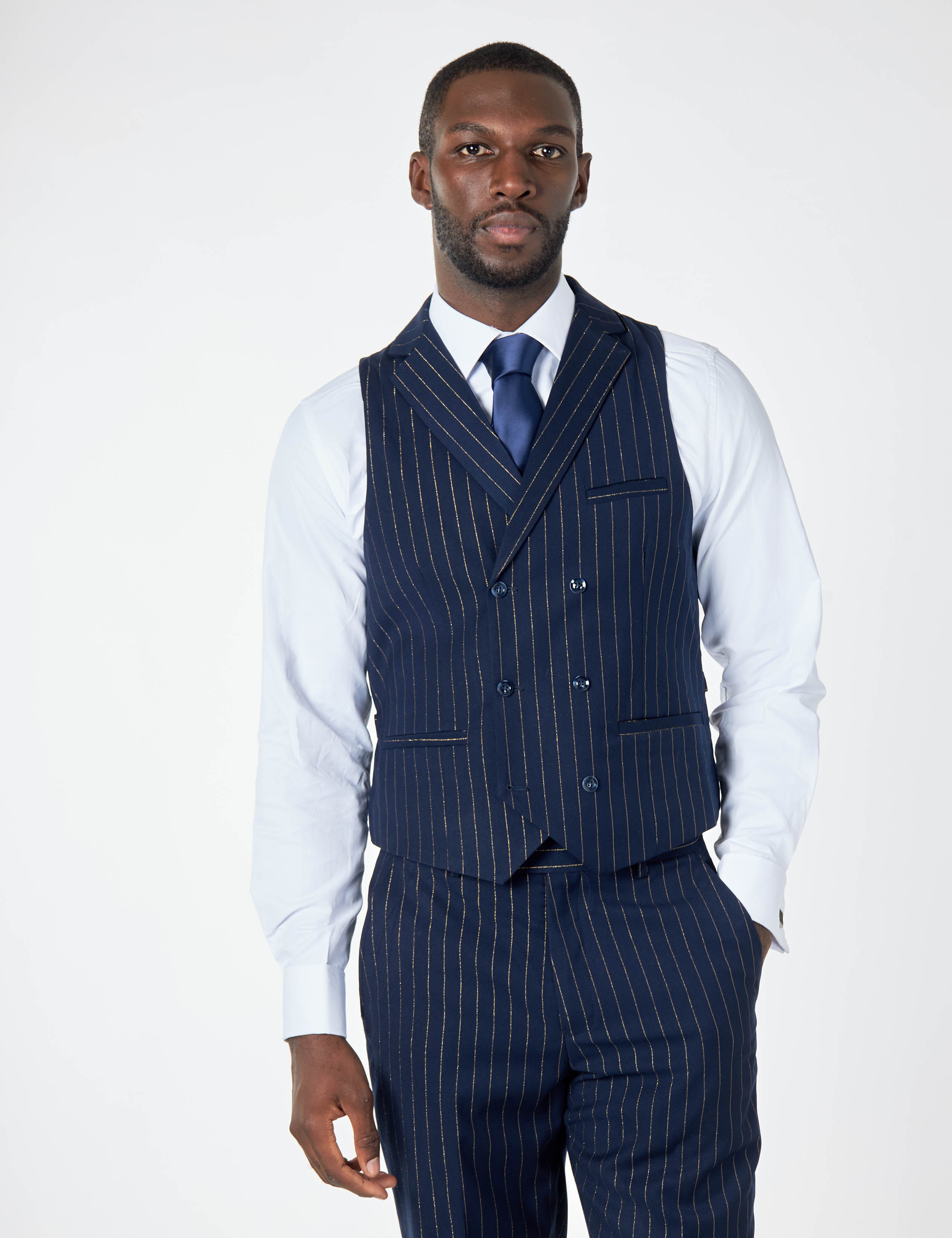 NEIL - NAVY DOUBLE BREASTED GOLD PINSTRIPE JACKET