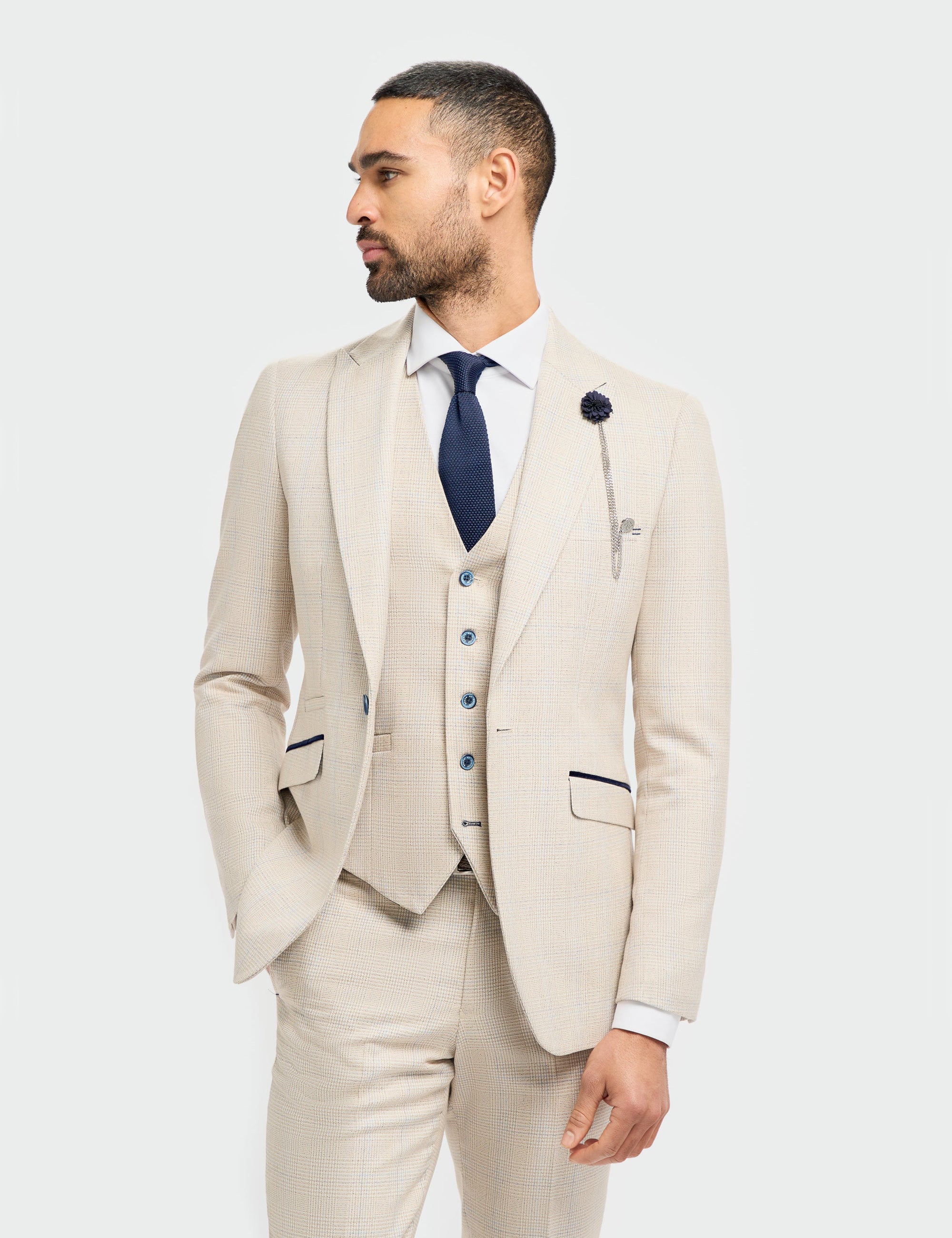 MENS CARIDI BEIGE TAILORED FIT THREE PIECE SUIT