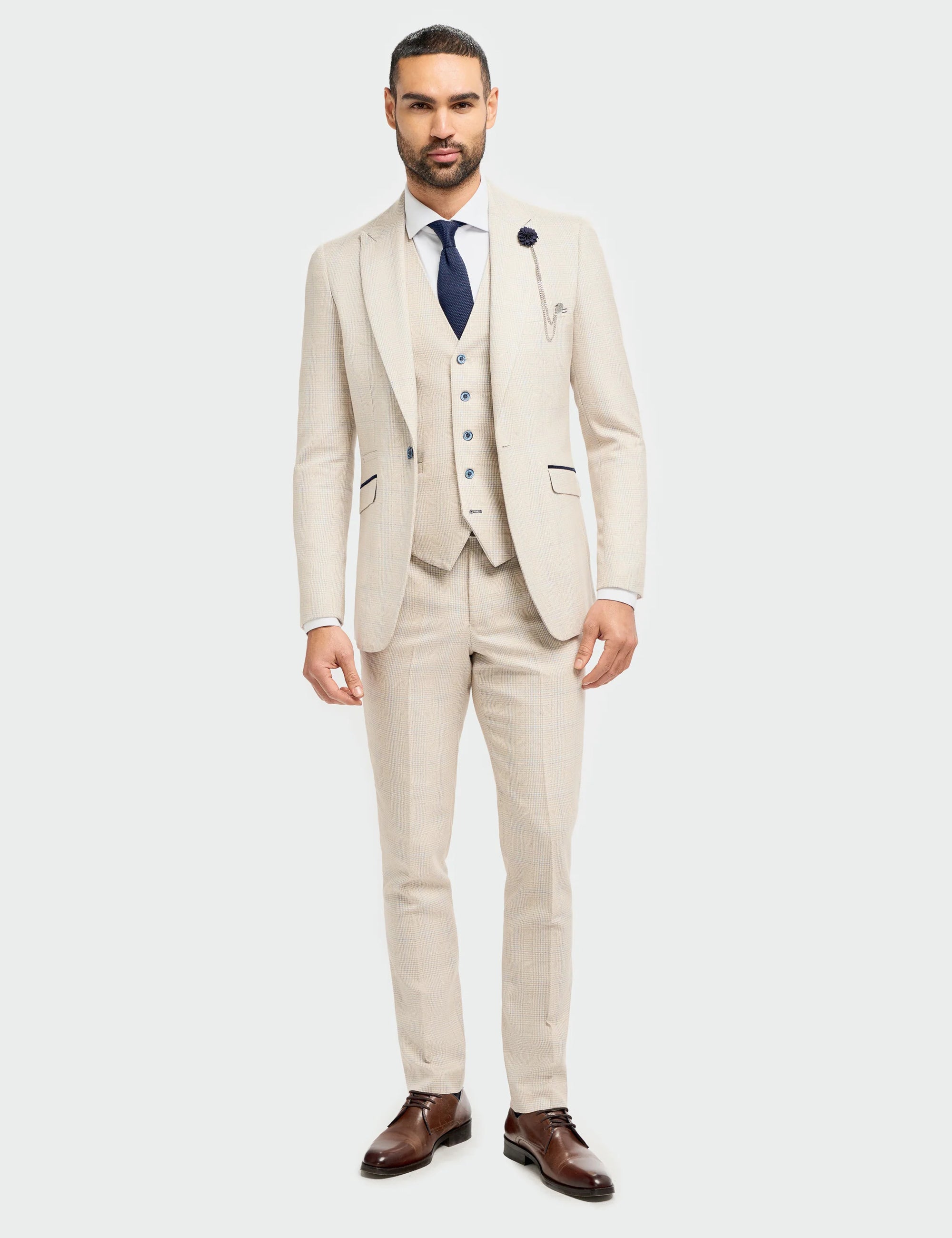 MENS CARIDI BEIGE TAILORED FIT THREE PIECE SUIT