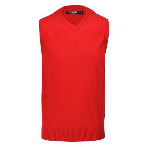 RED SLEEVELESS V NECK JUMPER