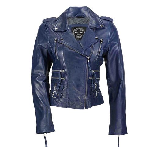 Taillierte Bikerjacke aus Leder in Blau 