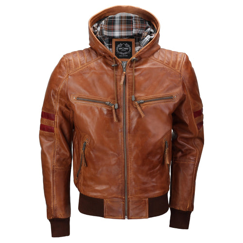 BOMBER-BIKER-SLIM-FIT-HOLZLEDERJACKE MIT KAPUZE