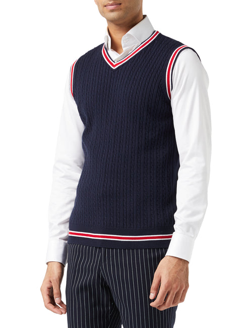 Mens Sleeveless V Neck Navy Jumper Knitted Vest