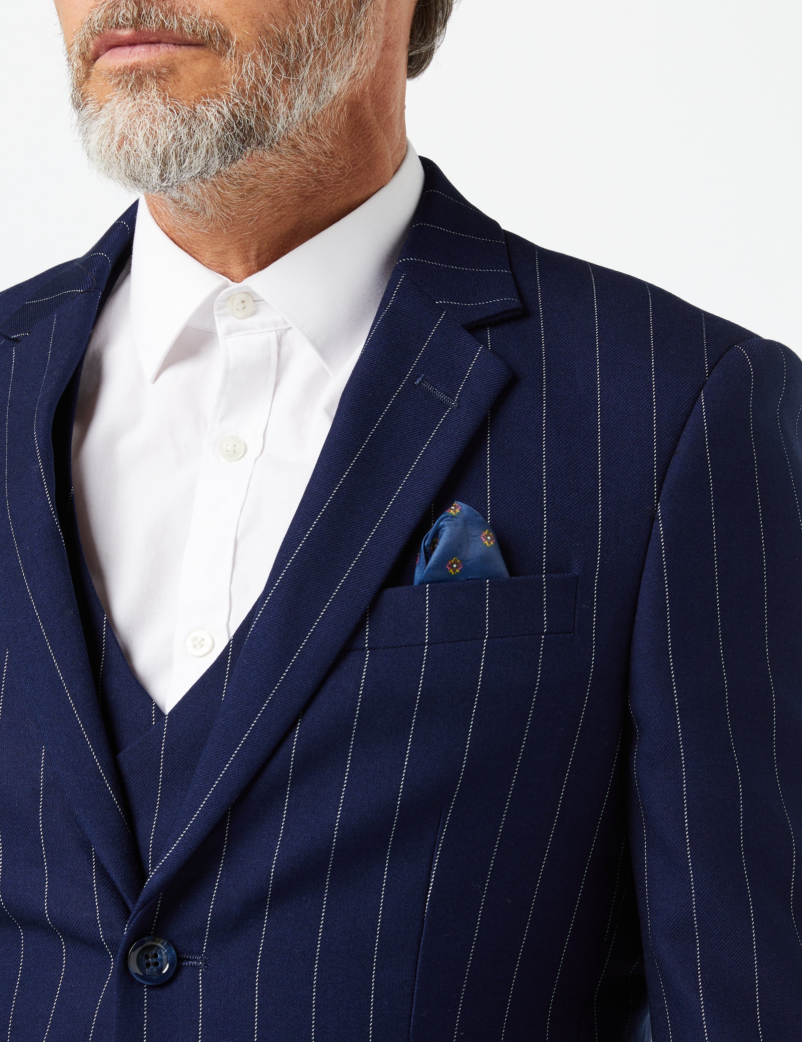 White Pinstripe on Navy Suit – XPOSED