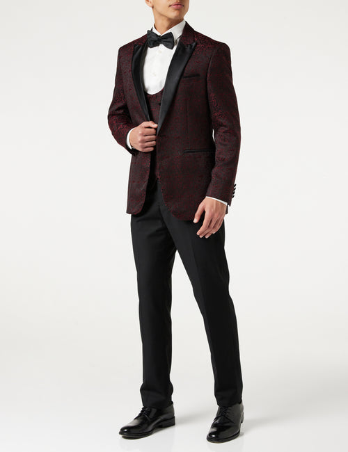 BRIAN - Veste de smoking rouge à imprimé jacquard fleuri avec gilet