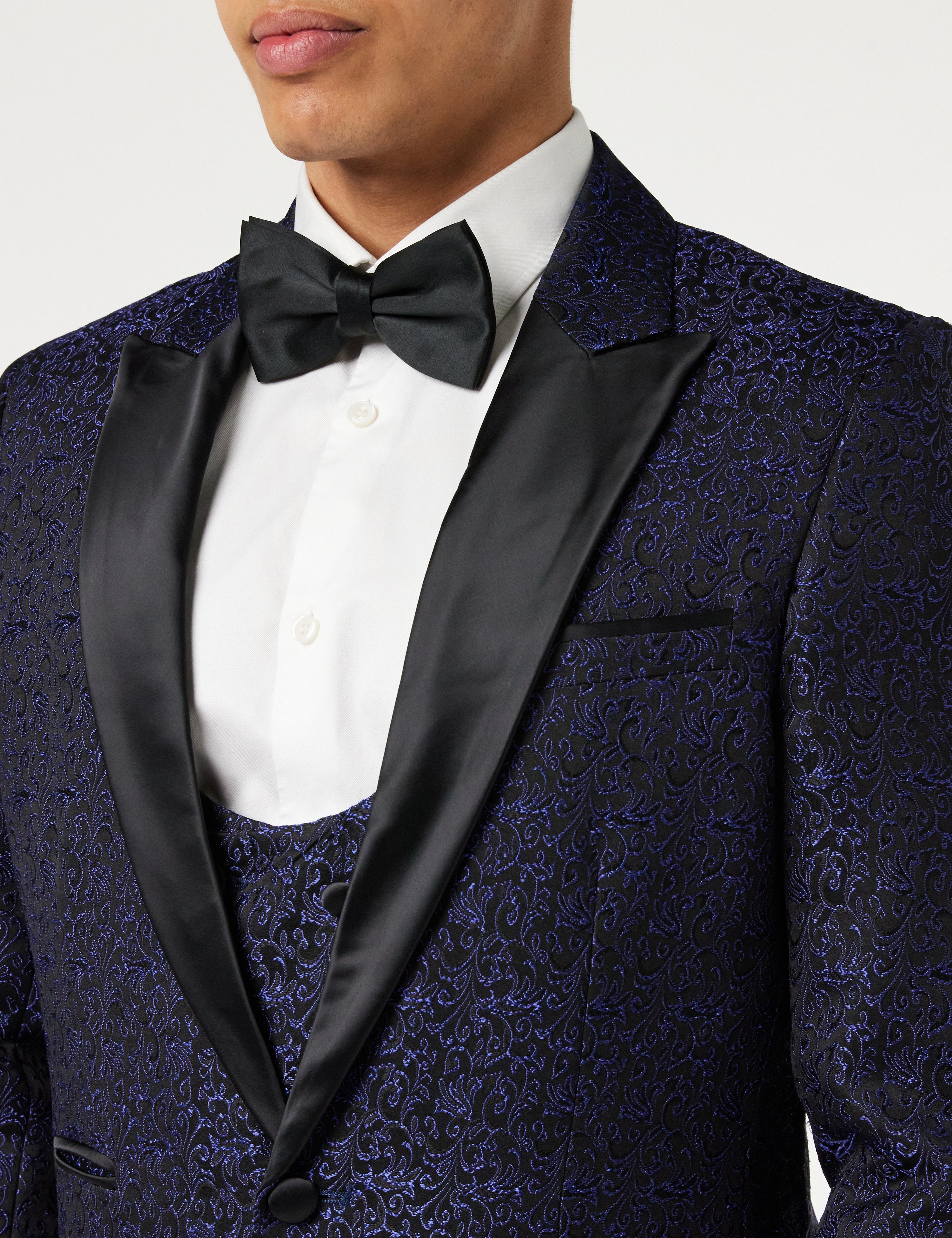 BRIAN - Floral Jacquard Print Blue Tuxedo Jacket With Waistcoat