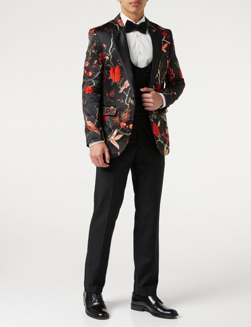 TUXEDO BLACK RED FLORAL BLAZER