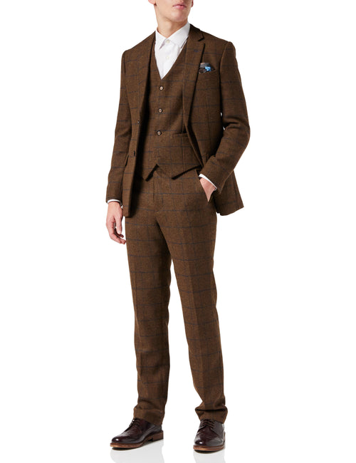 Costume en tweed marron clair à carreaux bleu marine