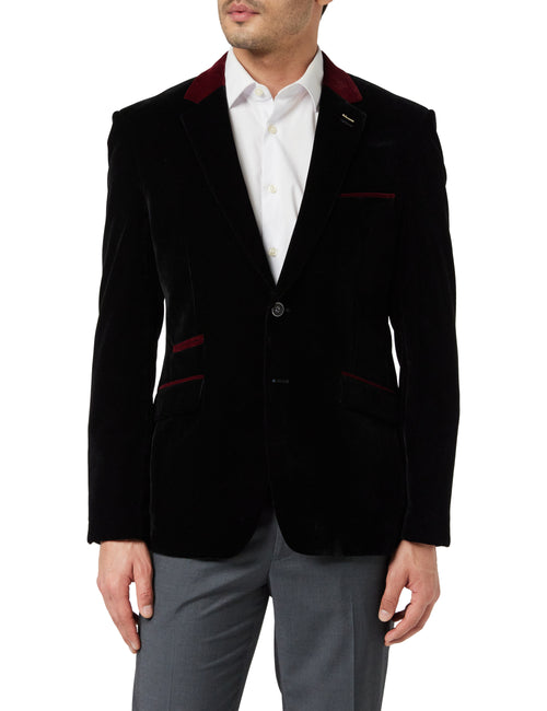 TIM Blazer en Velours Noir avec Garniture Bordeaux