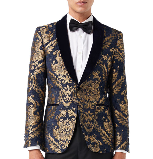 BLAZER EN JACQUARD EN VELOURS FLOQUÉ MARINE EN BROCART DORÉ