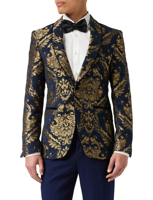 Brocart doré sur blazer en jacquard de velours bleu marine floqué