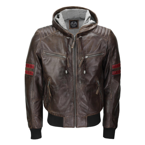 BOMBER-BIKER-SLIM-FIT-BRAUNE LEDERJACKE MIT KAPUZE