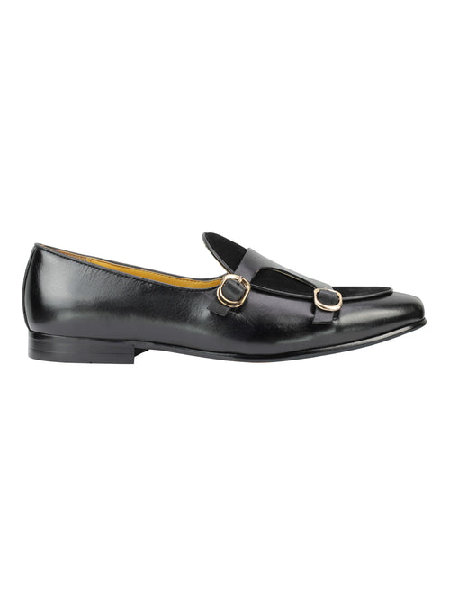 Schwarze Loafer aus echtem Leder mit doppeltem Monk-Riemen