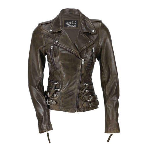 Taillierte Bikerjacke aus Leder in Braun