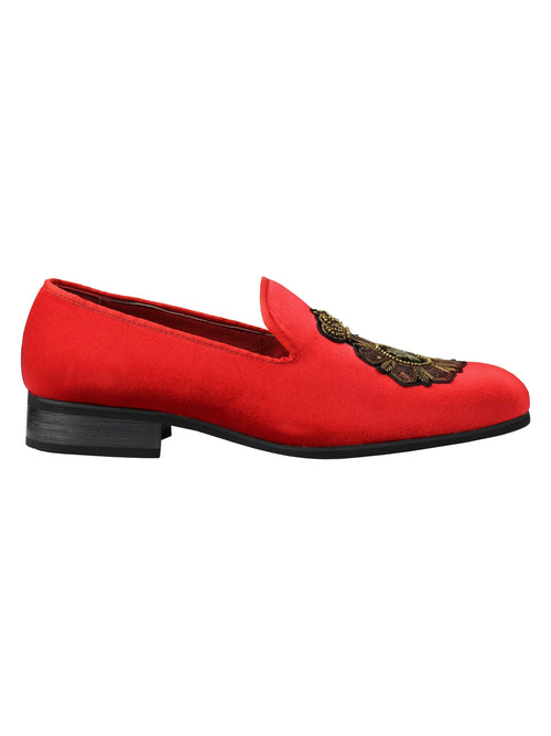 MOCASSINS EN VELOURS BRODÉS EN SIMILI CUIR ROUGE