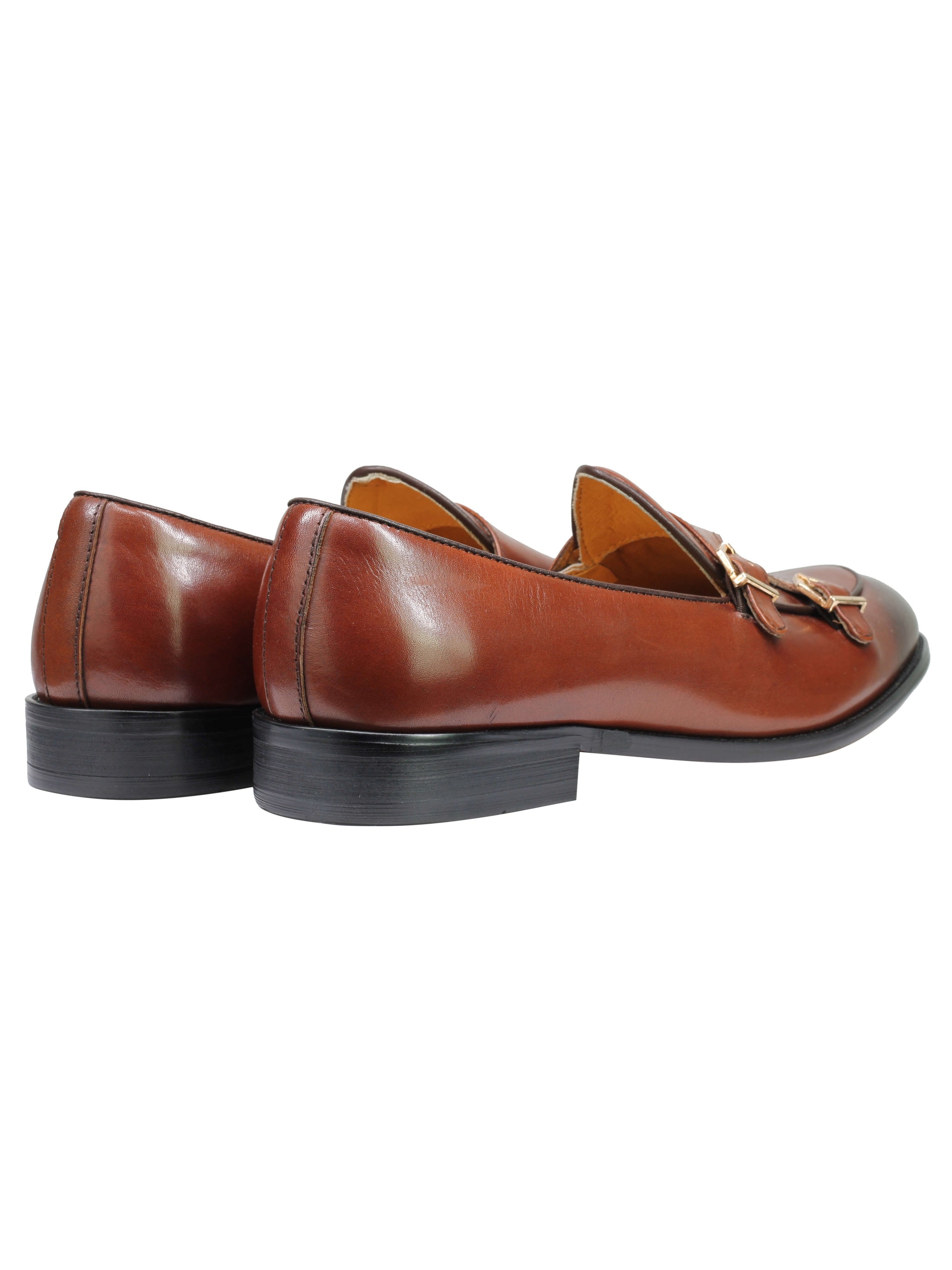 Real Leather Double Monk Retro Loafers Brown