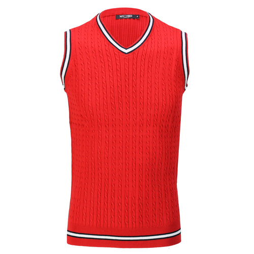 Mens Sleeveless V Neck Red Jumper Knitted Vest