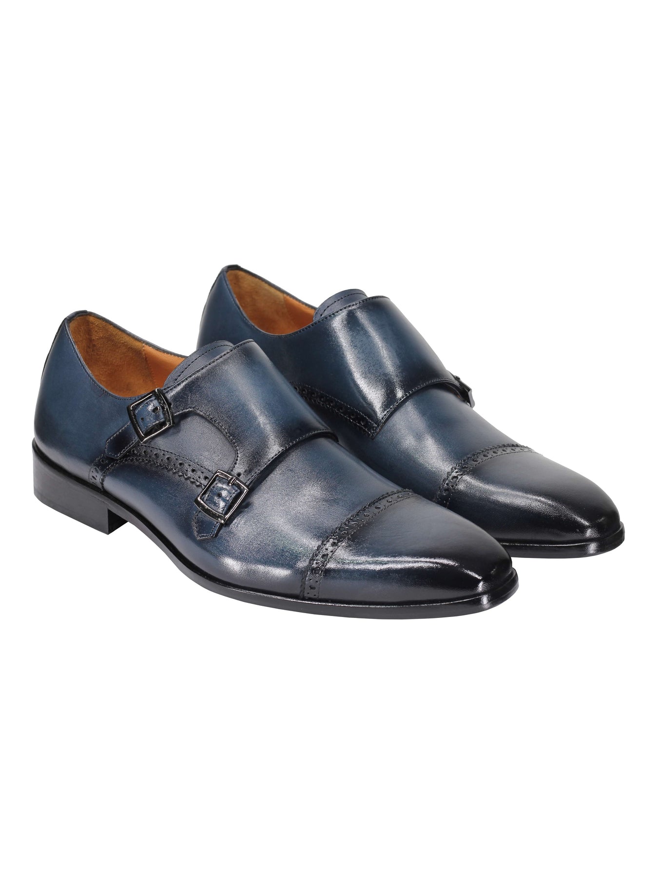 BLUE CALF LEATHER SEMI BROGUE MONK SHOES – XPOSED