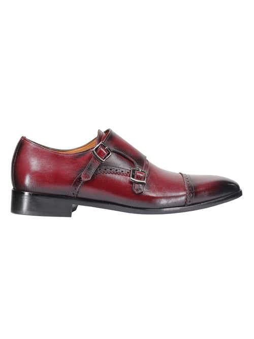 MAROON CALF LEATHER SEMI BROGUE MONK SHOES