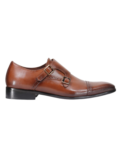 BROWN CALF LEATHER SEMI BROGUE MONK SHOES