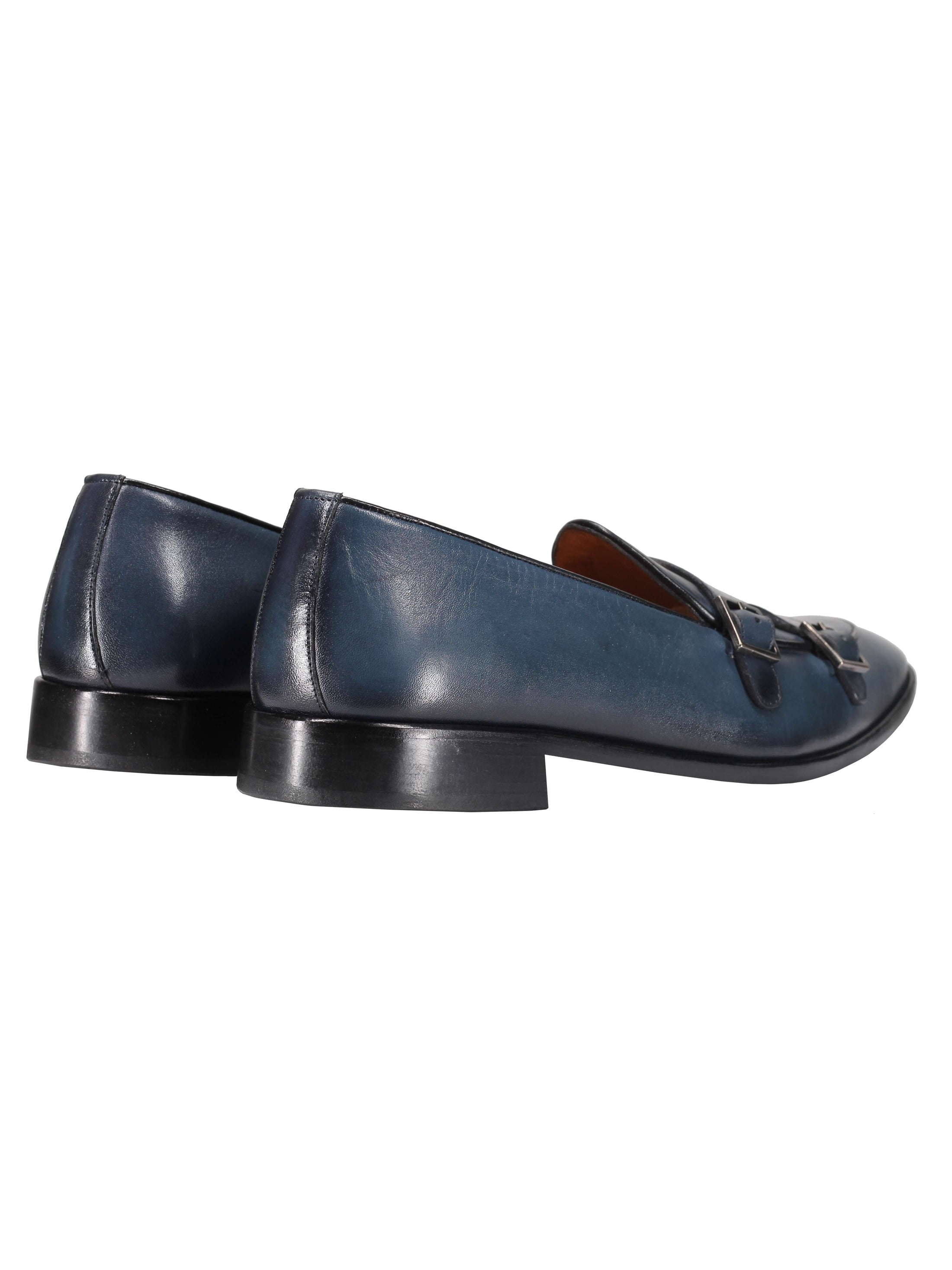 Blue Calf Leather Double Monk Loafers