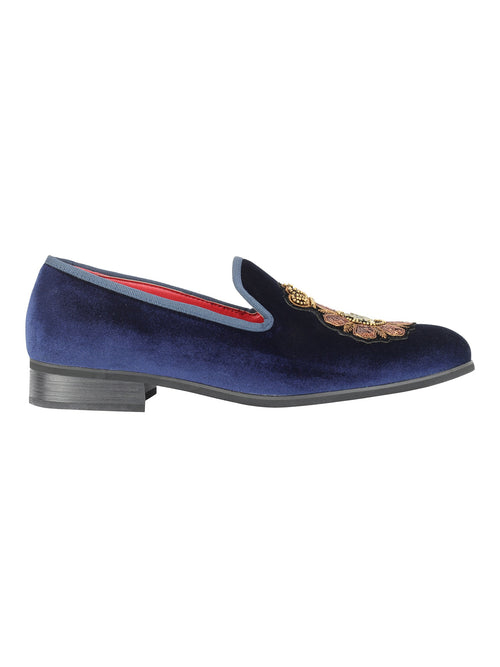 FAUX LEATHER EMBROIDERED VELVET LOAFERS IN NAVY